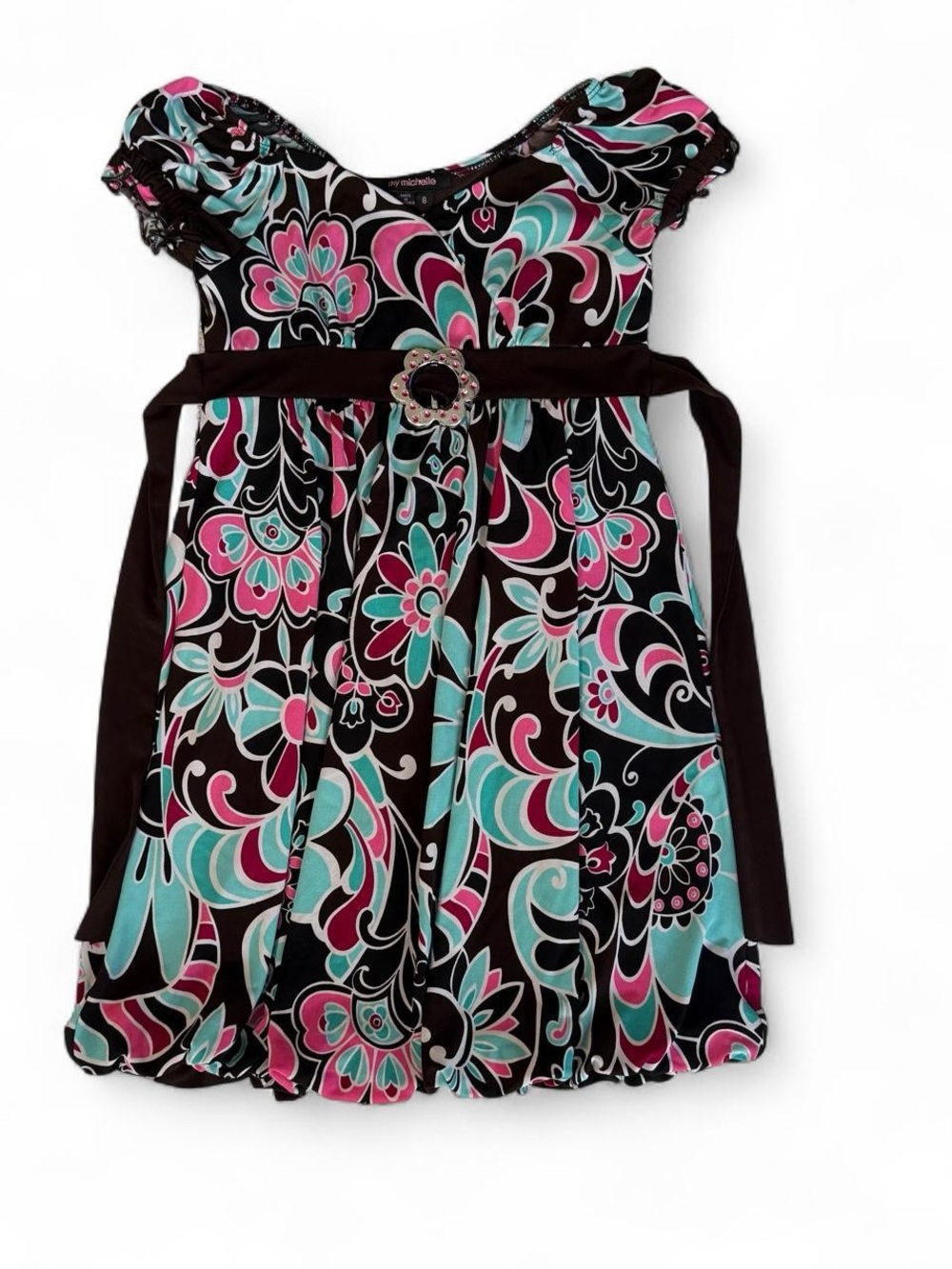 Vintage Y2K Black Pink Teal Floral Paisley Babydoll Dress Girls 8 Belted